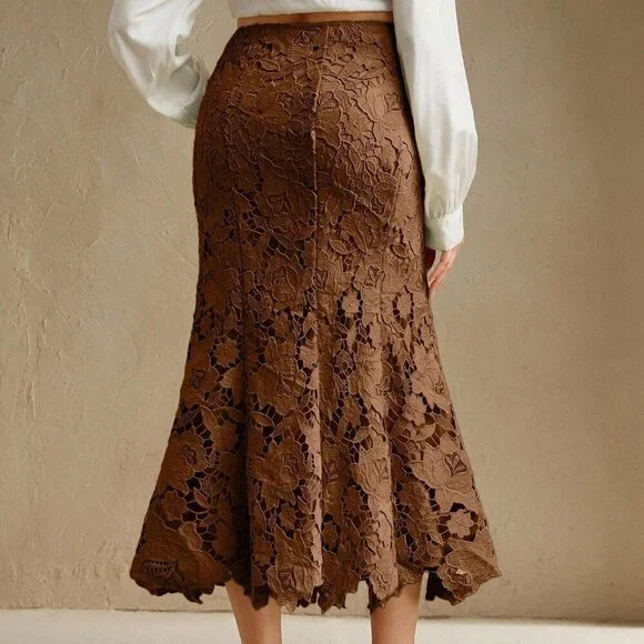 Coffee Brown Elegant Women's Patchwork Design Heavy Lace Hollow-Out Skirt - Picture 7 of 7